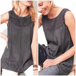 Garnet Hill Lace Yoke Sleeveless Tunic, Lagenlook Cotton Gauze Boho 10/Med